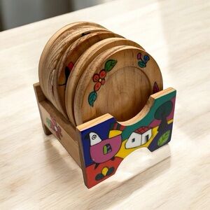 Hand Painted Folk Art Cottage‎ Bird Wooden Round Set of 6 with holder eclectic